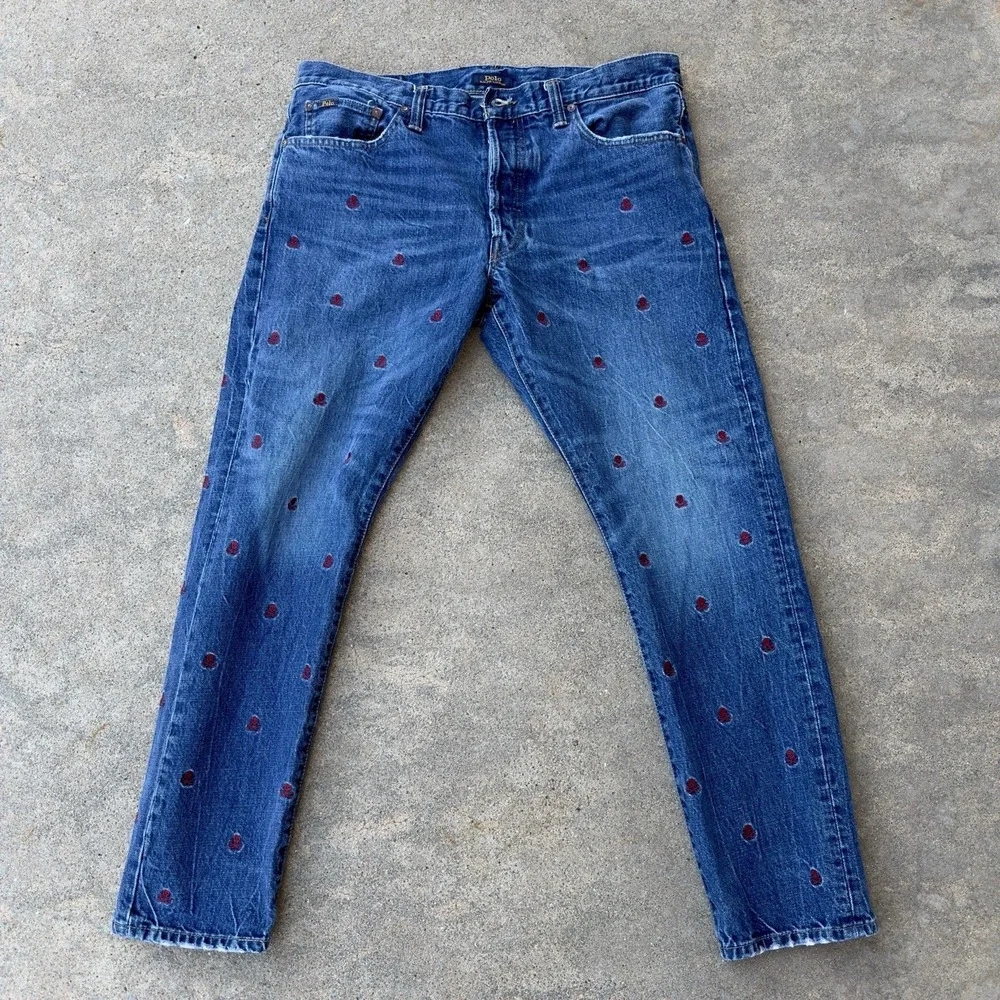 Polo‎ Ralph Lauren Blue Sullivan Slim Skull Crossbones Embroidered Jeans - 34x30